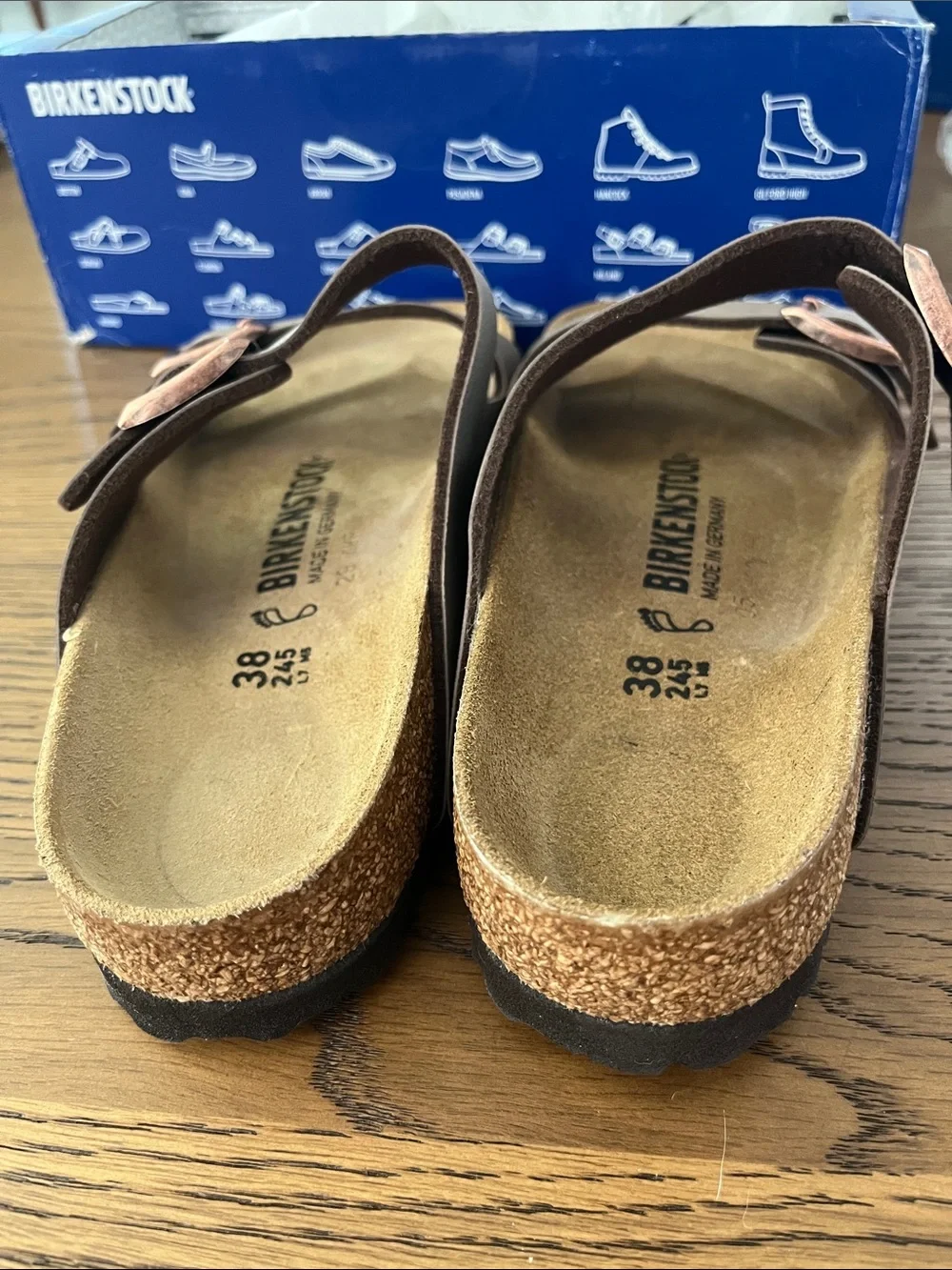 Birkenstock Arizona Two-Strap Sandal in Mocca with Rose Gold Buckles